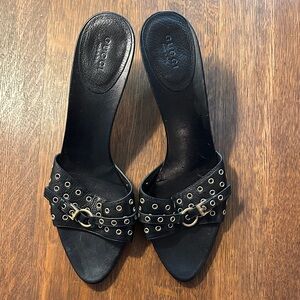 Gucci Black and Gold Studded Mules